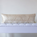 Cream and silver silk kimono bolster cushion with geometric hexagon pattern, crafted from vintage Japanese silk