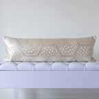 Cream and silver silk kimono bolster cushion with geometric hexagon pattern, crafted from vintage Japanese silk