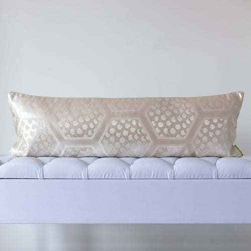 Cream and silver silk kimono bolster cushion with geometric hexagon pattern, crafted from vintage Japanese silk