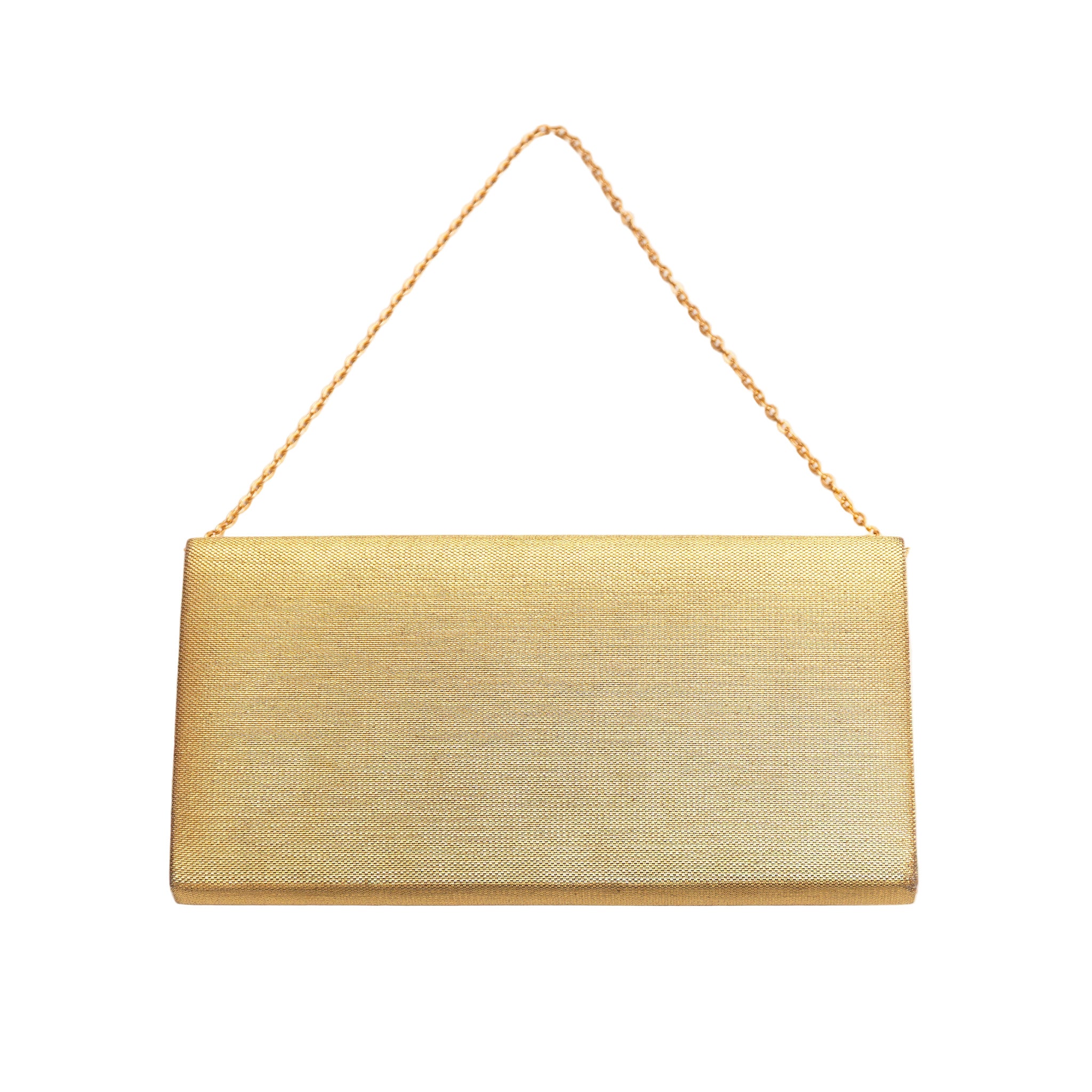 Reverse view of a vintage Japanese gold clutch bag with gold metal strap on a white background.