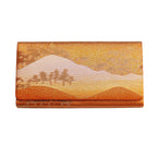 Bronze vintage Japanese silk envelope clutch featuring mountain landscape scene on a white background.