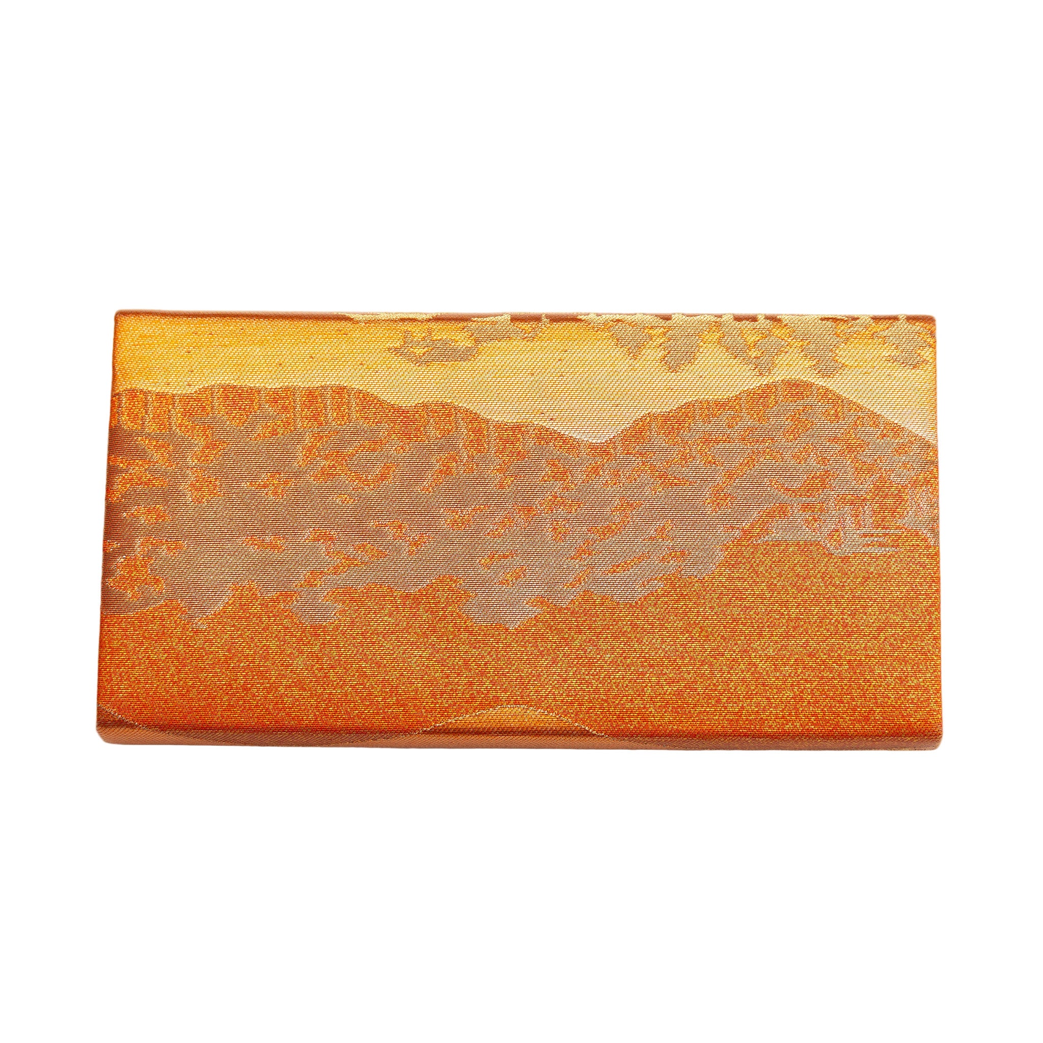 Reverse view of a vintage Japanese clutch bag in gold and bronze 