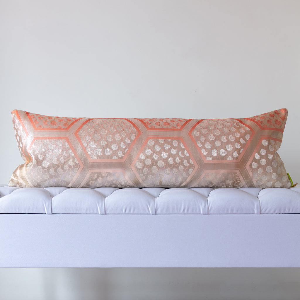 Peach and silver silk kimono bolster cushion with geometric hexagon pattern, crafted from vintage Japanese silk