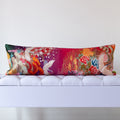 Purple and pink ombre silk kimono bolster cushion with white cranes and ornate florals, crafted from vintage Japanese silk