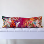 Purple and pink ombre silk kimono bolster cushion with white cranes and ornate florals, crafted from vintage Japanese silk