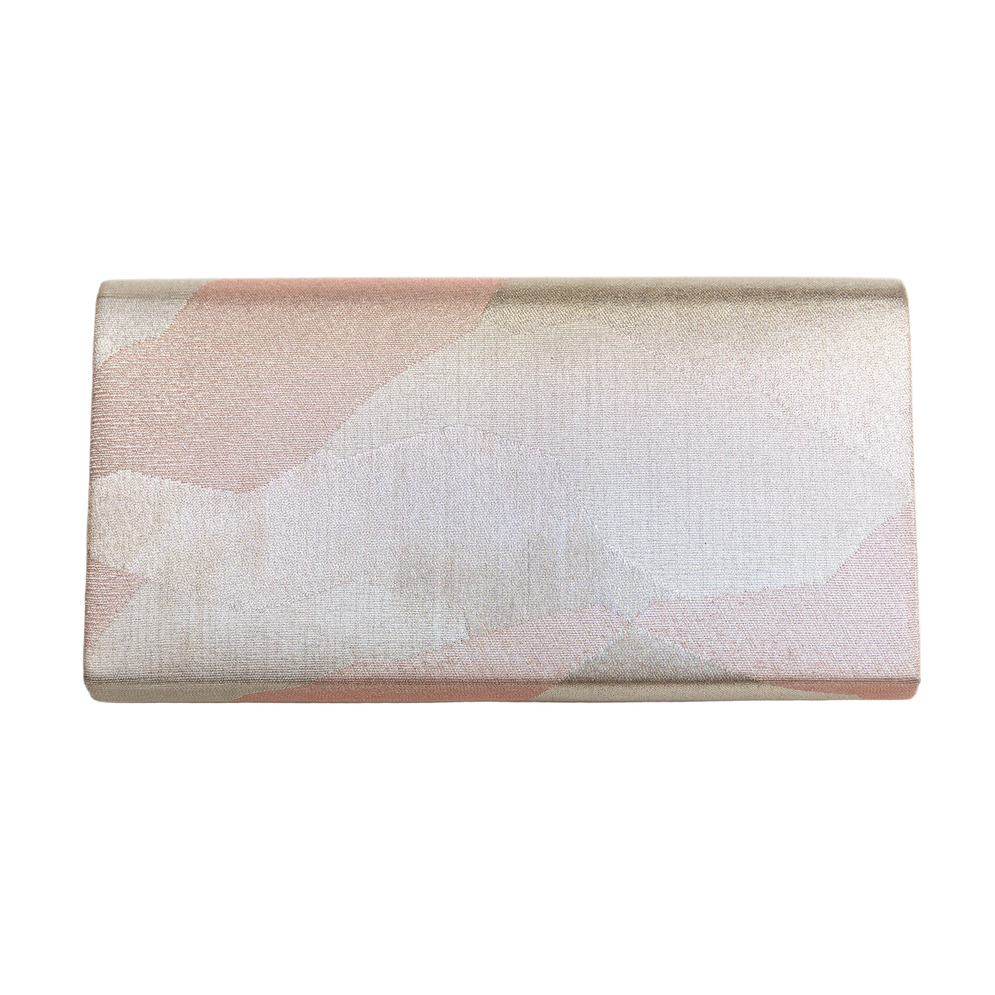 Reverse view of vintage Japanese silk fold over clutch bag in silver with geometric pattern on white. 