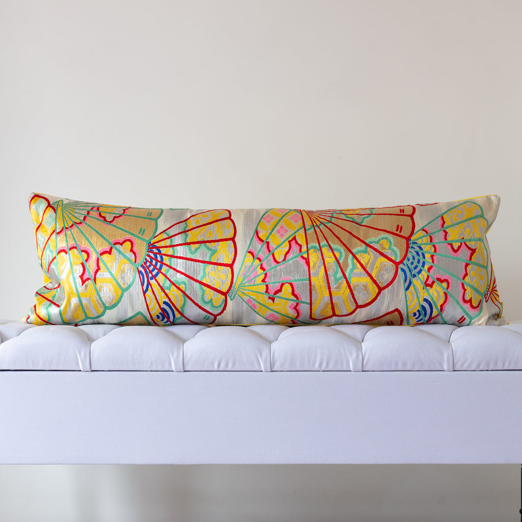 Silver and yellow silk kimono bolster cushion with traditional fan motif opening to the right, crafted from vintage Japanese silk