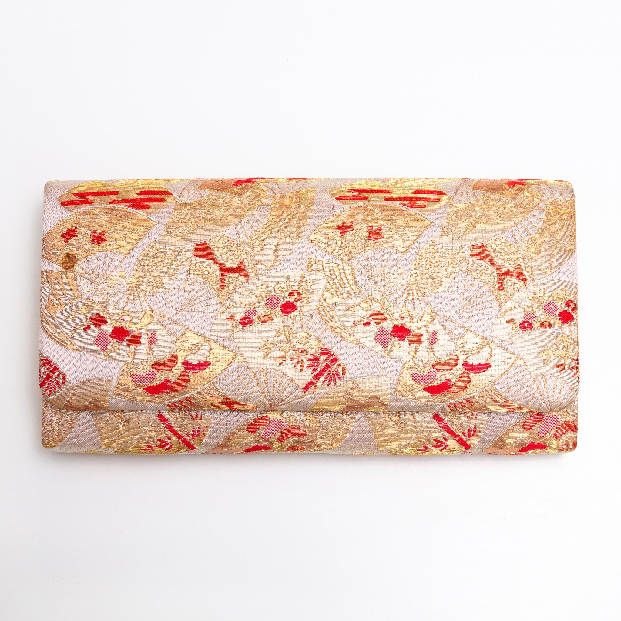 Front view of gold red kimono silk clutch bag with all-over fan pattern