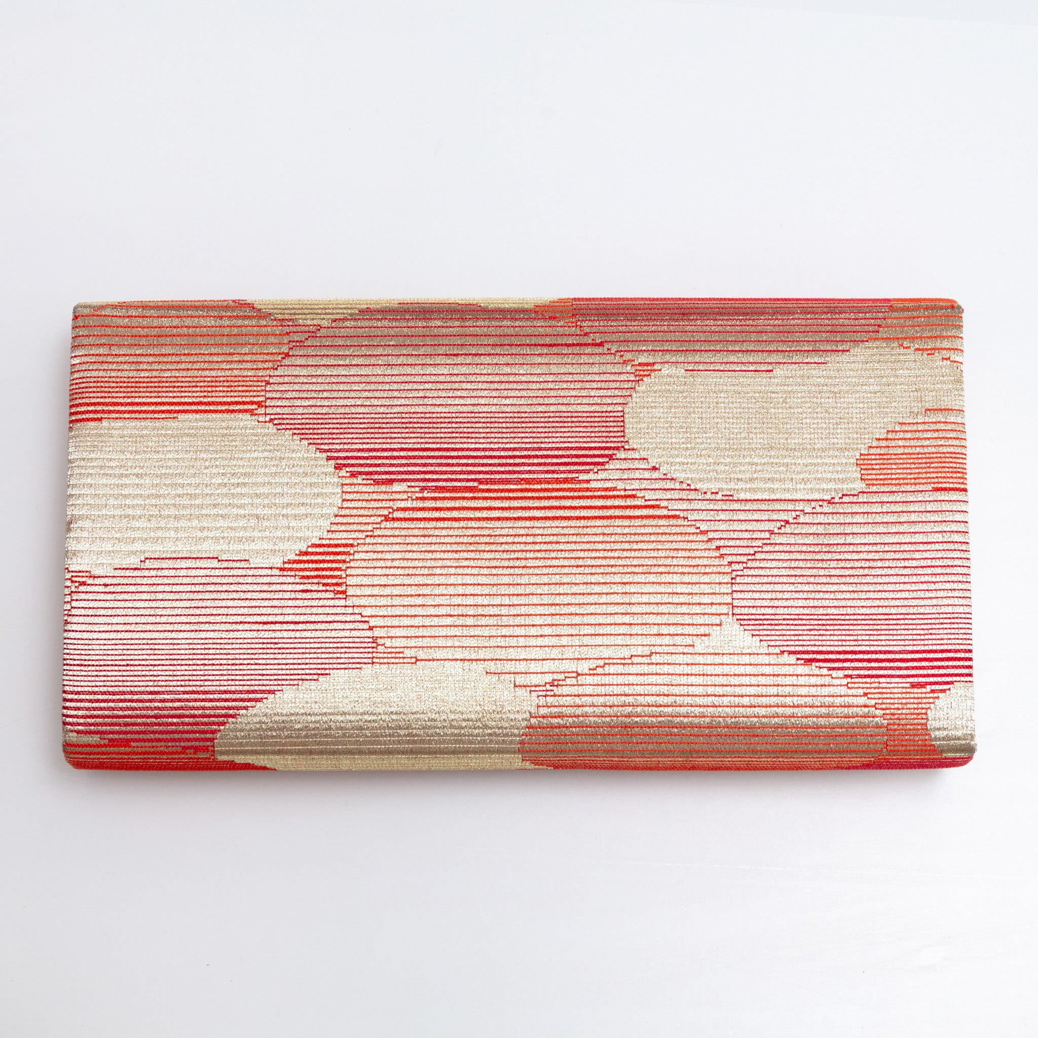 Back view of red and gold vintage Japanese silk clutch bag with abstract cloud pattern