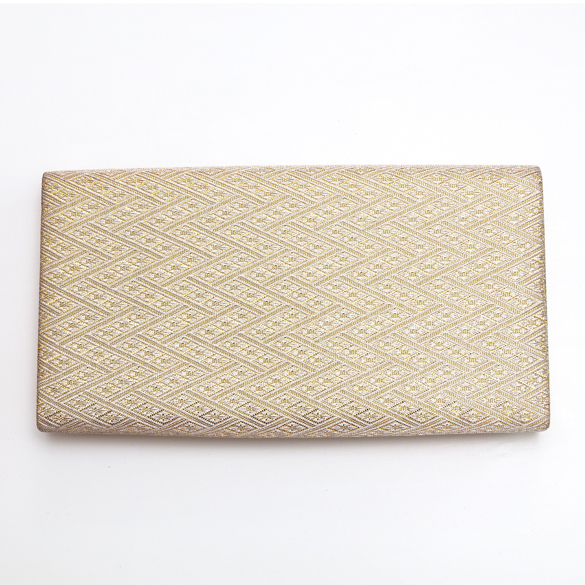 Back view of gold kimono silk clutch bag with woven diamond geometric texture