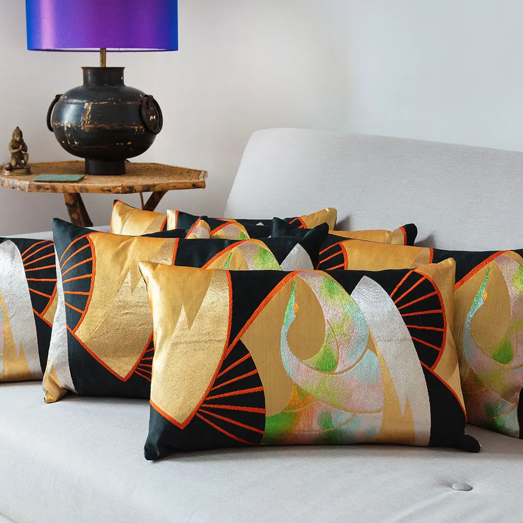 Vintage Japanese obi cushions collection - luxury silk pillows made from antique kimono textiles
