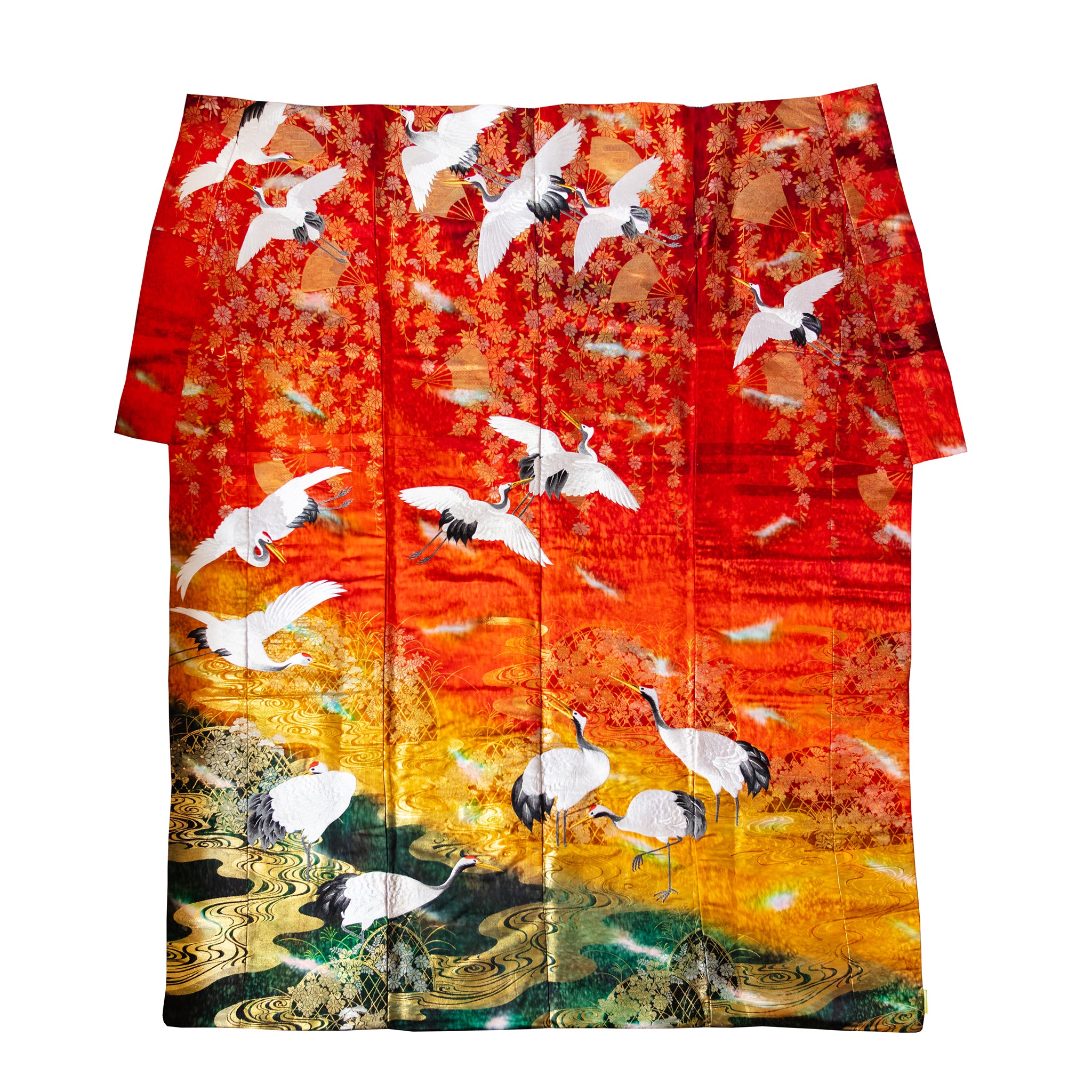 Silk throw in vintage uchikake kimono silk with cranes, fans and river pattern in red, yellow and green