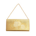 Vintage Japanese kimono silk clutch  bag in metallic gold with hexagon and flower design and gold metal chain strap.
