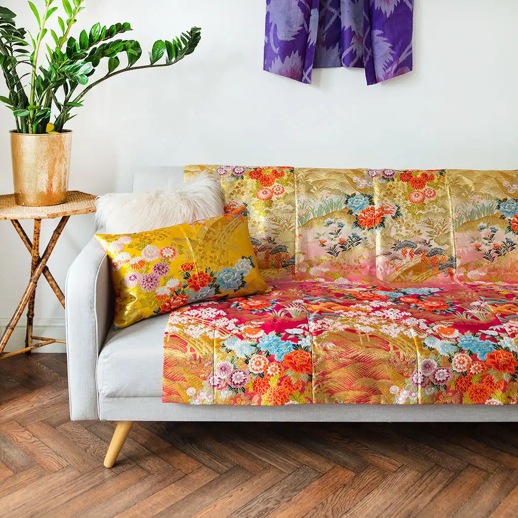 Luxury Japanese wedding kimono throws - vintage silk blankets made from uchikake textiles
