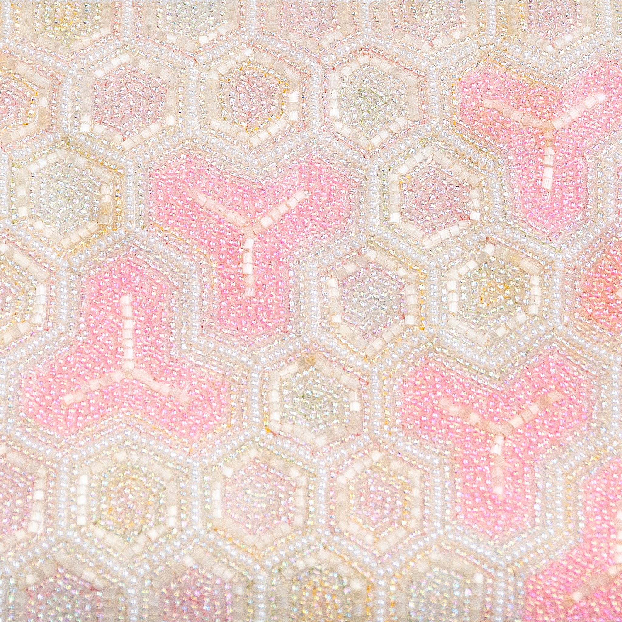 Close-up of intricate pink and white beadwork detailing the clutch’s textured surface and bishamonten kikko geometric pattern