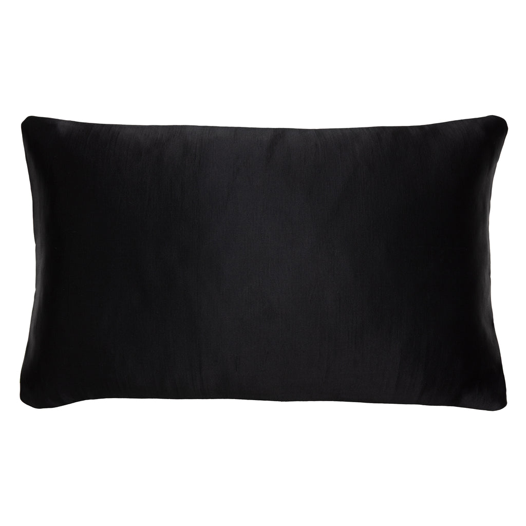 Reverse view of a rectangular black silk obi cushion in plain black vintage silk.