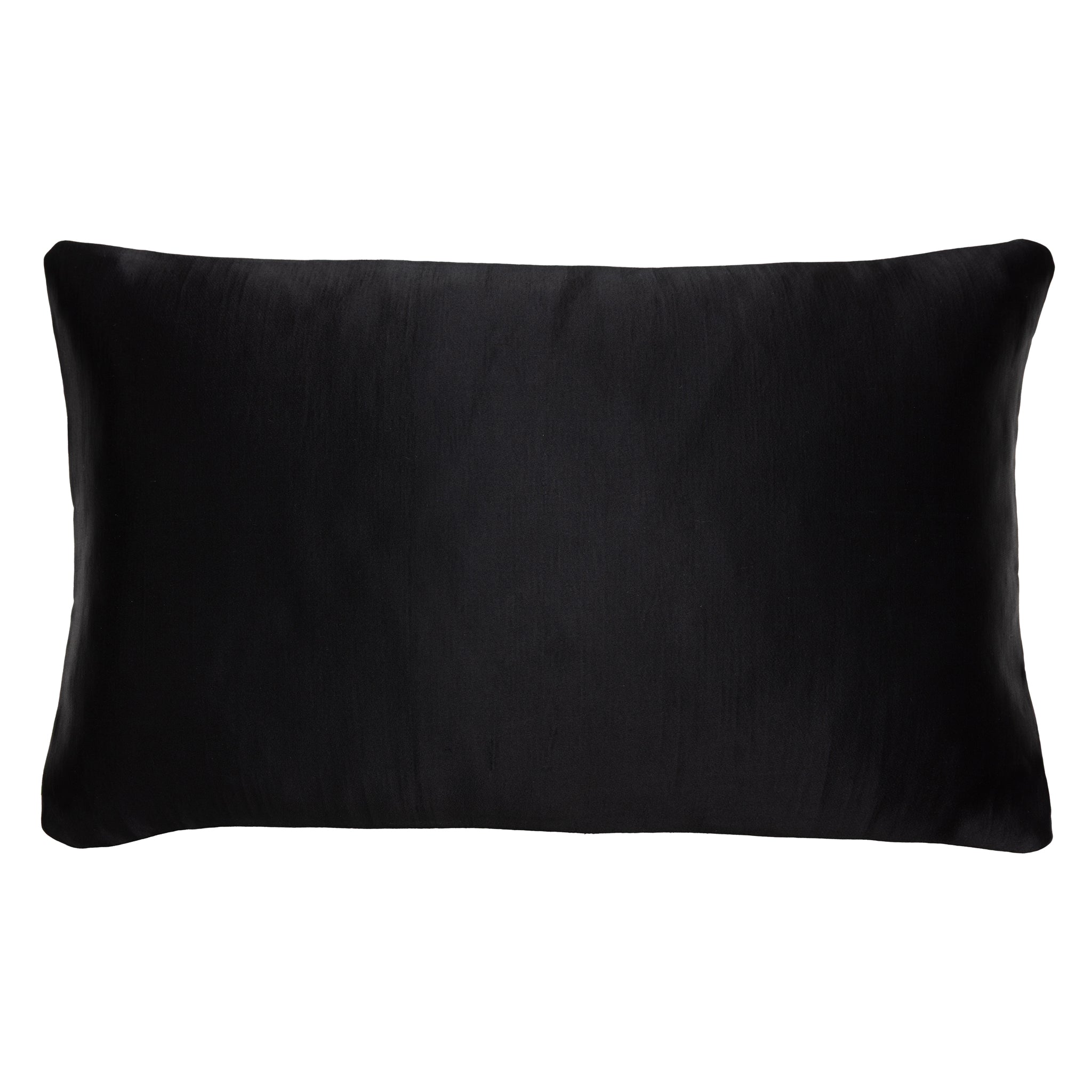 Reverse view of a rectangular black silk obi cushion in plain black vintage silk.