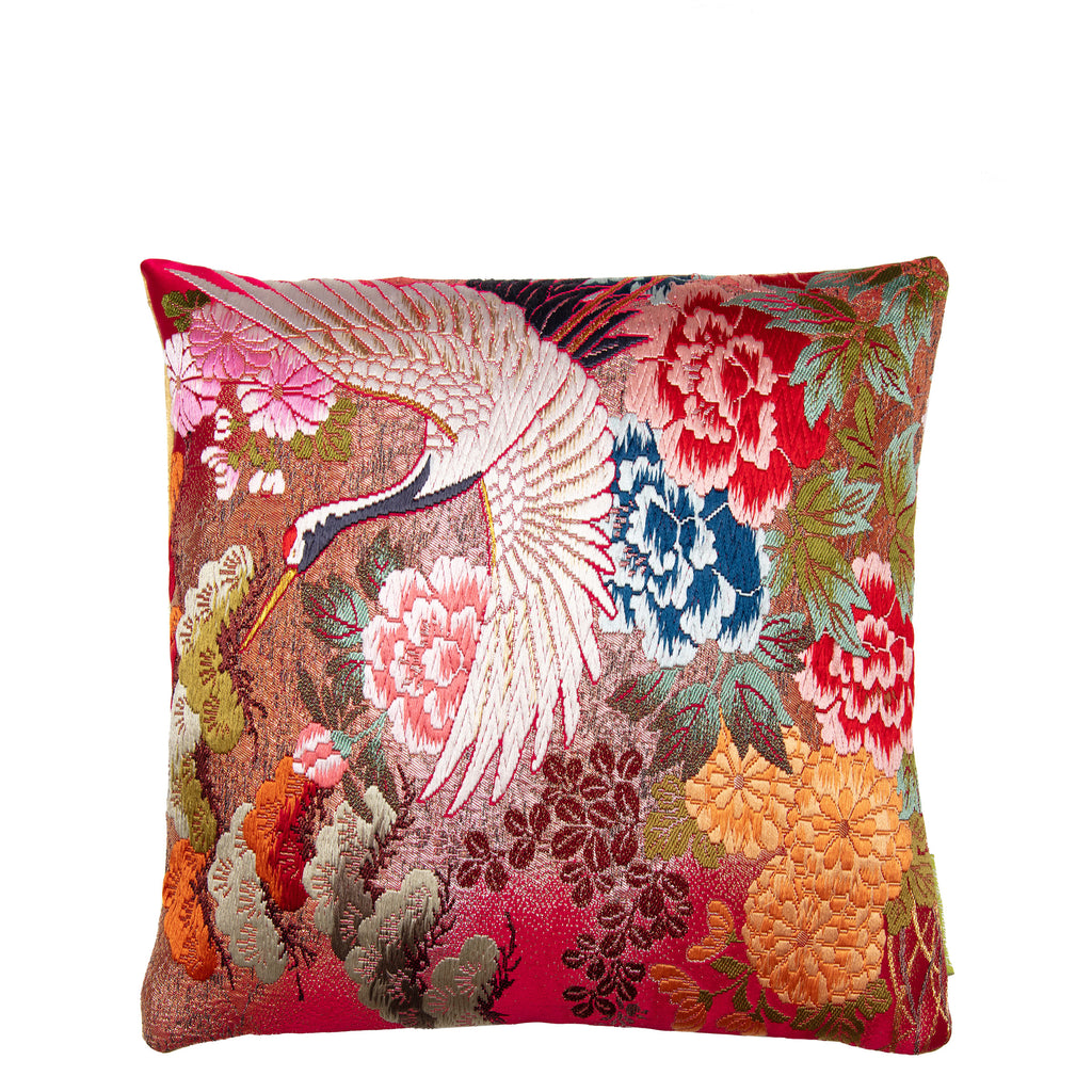 square cushion in vintage kimono silk with cranes and flowers in red and multicolours