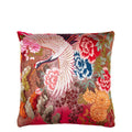square cushion in vintage kimono silk with cranes and flowers in red and multicolours