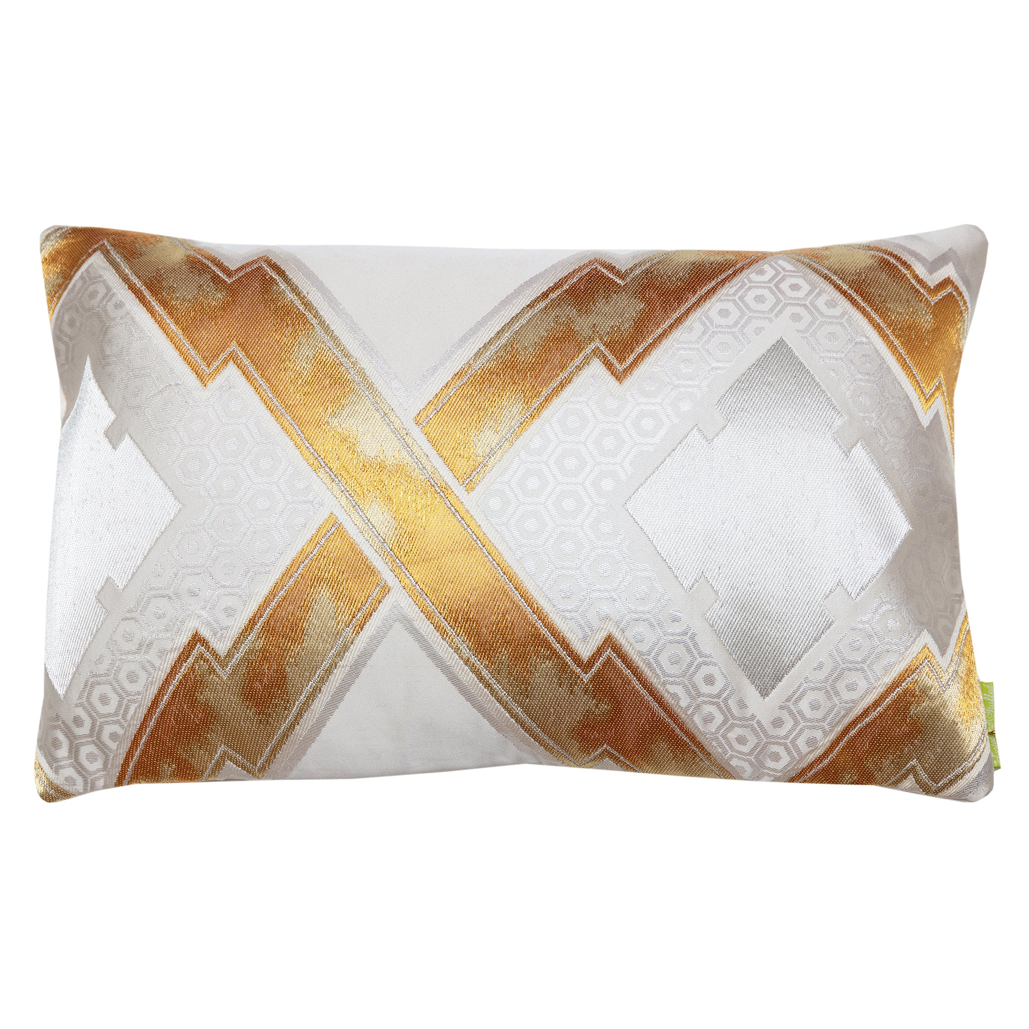 Different pattern placement on a rectangular vintage Japanese obi cushion, gold, silver and cream silk.