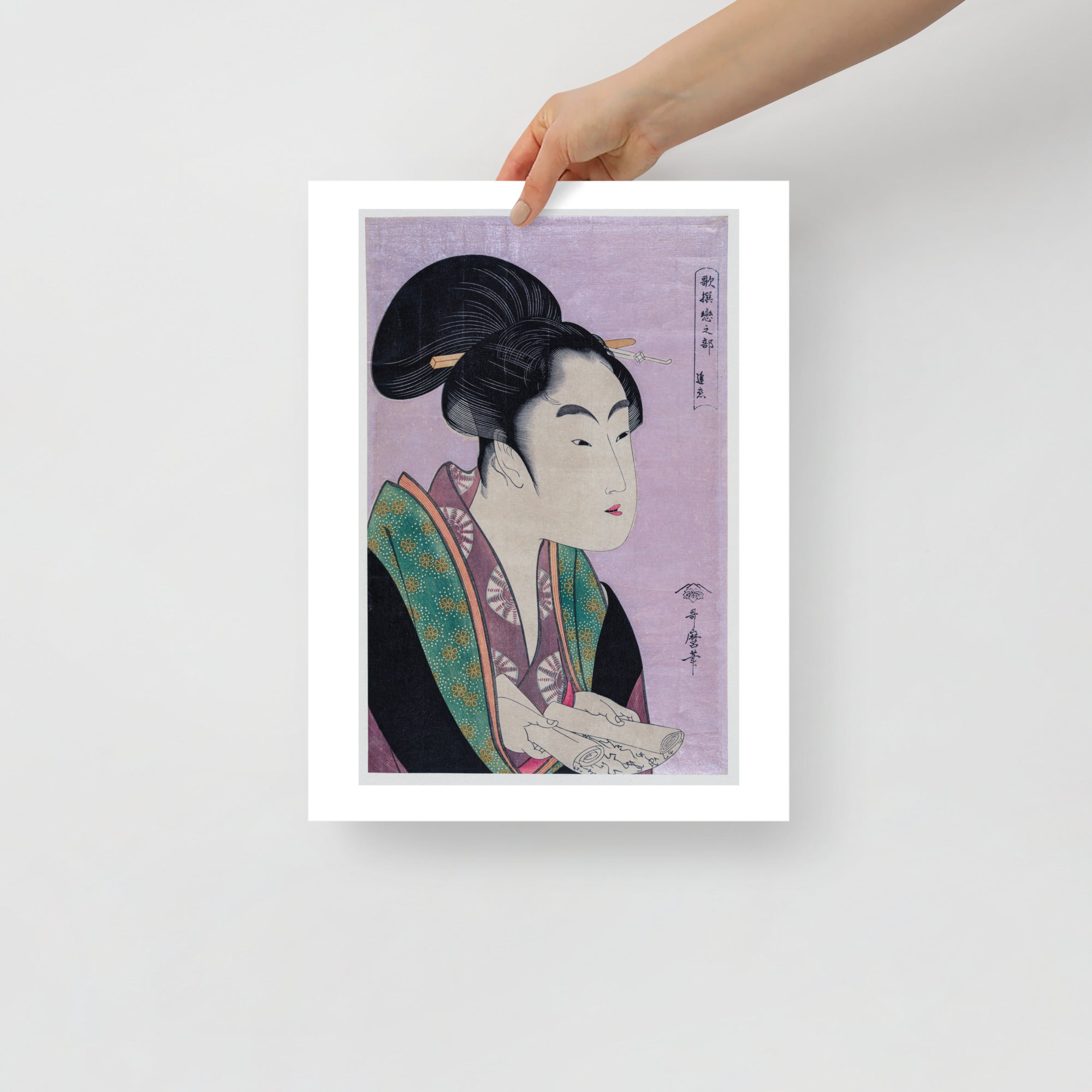 Detail of Utamaro’s print featuring intricate linework and subtle color gradations near the bottom corner, highlighting