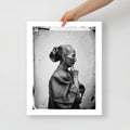 Close-up of intricate brushstroke texture highlighting the delicate facial features and subtle shading in the black and