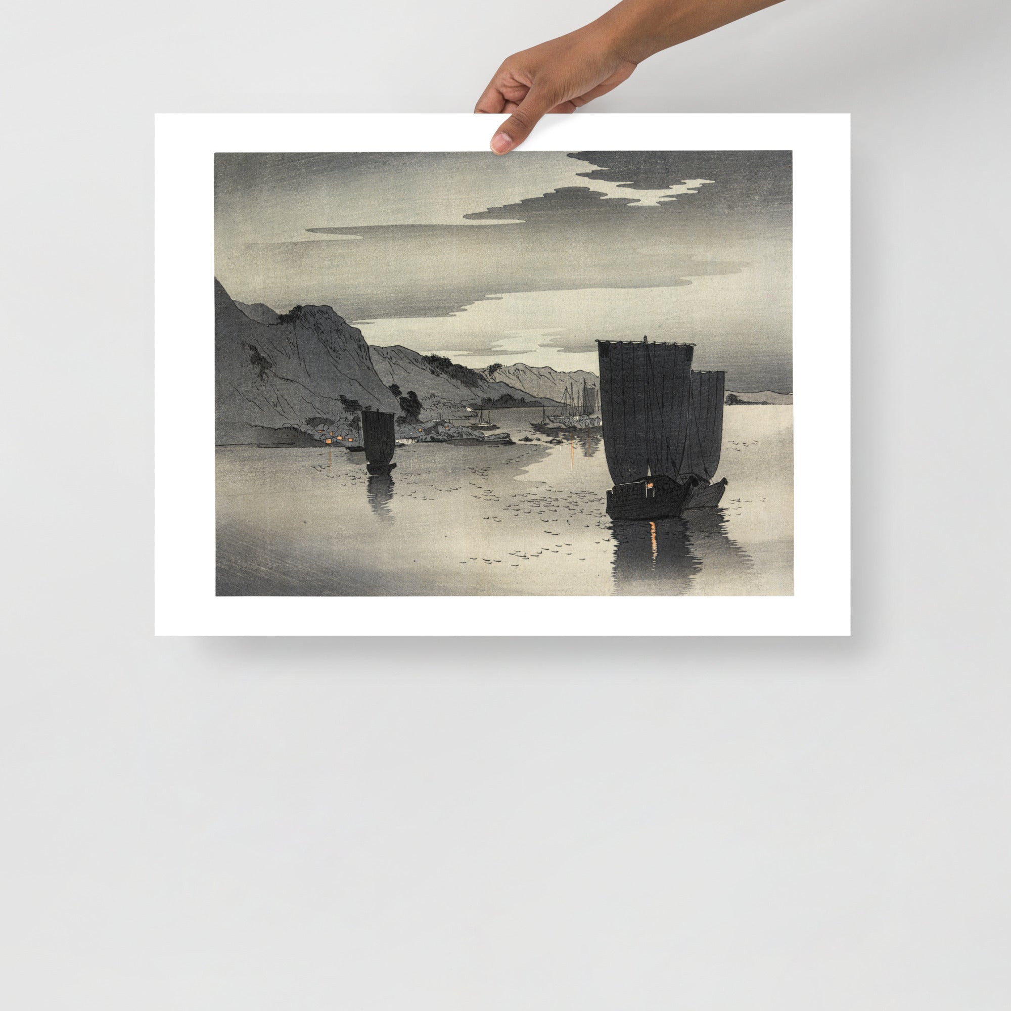 Detail of ships at anchor with delicate Japanese woodgrain texture and subtle color gradations in the ocean scene, showing