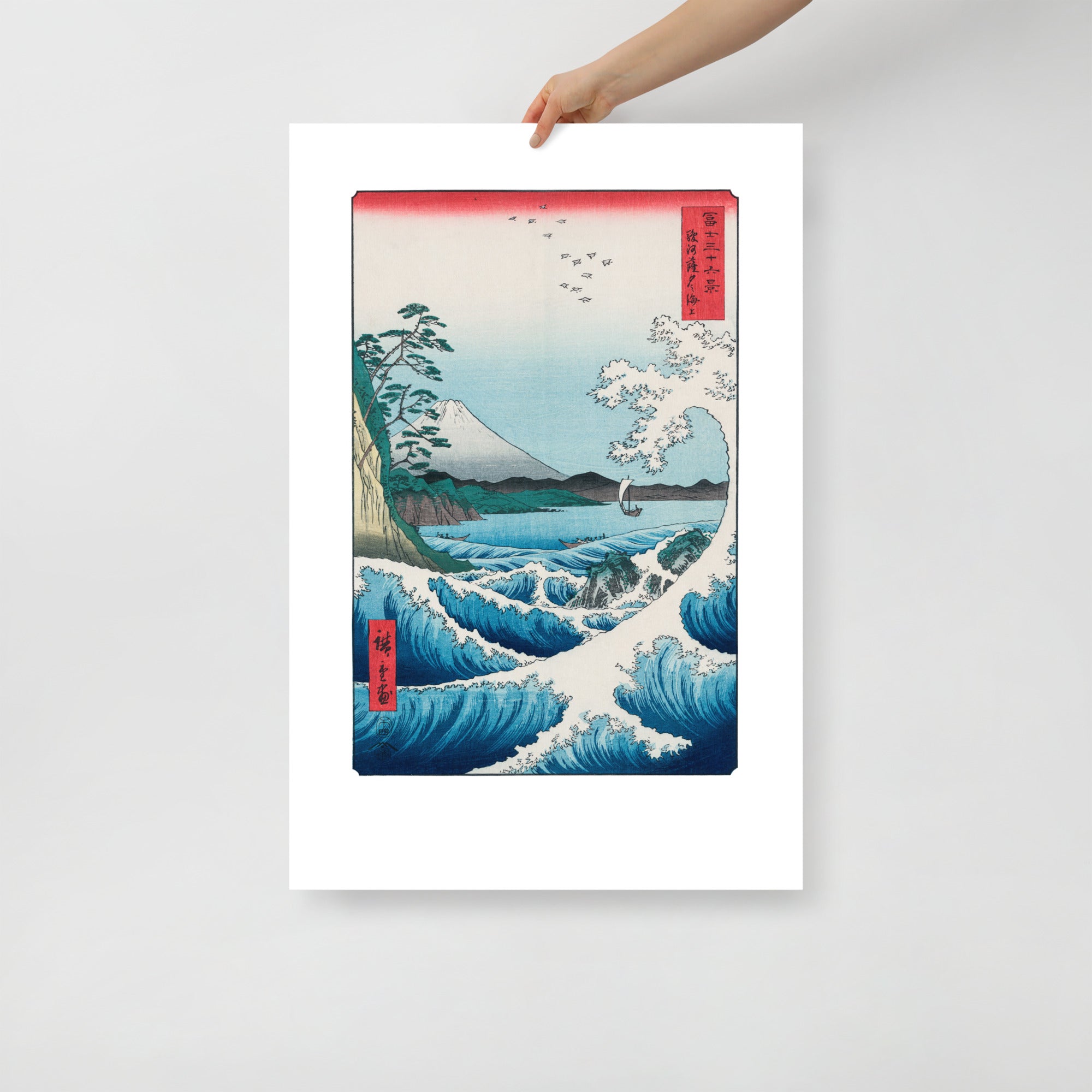 Close-up of the intricate woodgrain texture and subtle blue hues highlighting the detailed brushwork on the Hiroshige Sea at