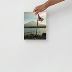 Close-up of the vintage Mount Fuji art print's textured paper, revealing intricate brushstroke details and subtle aged