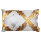 rectangular throw cushion made from vintage obi silk with geometric design in cream and gold