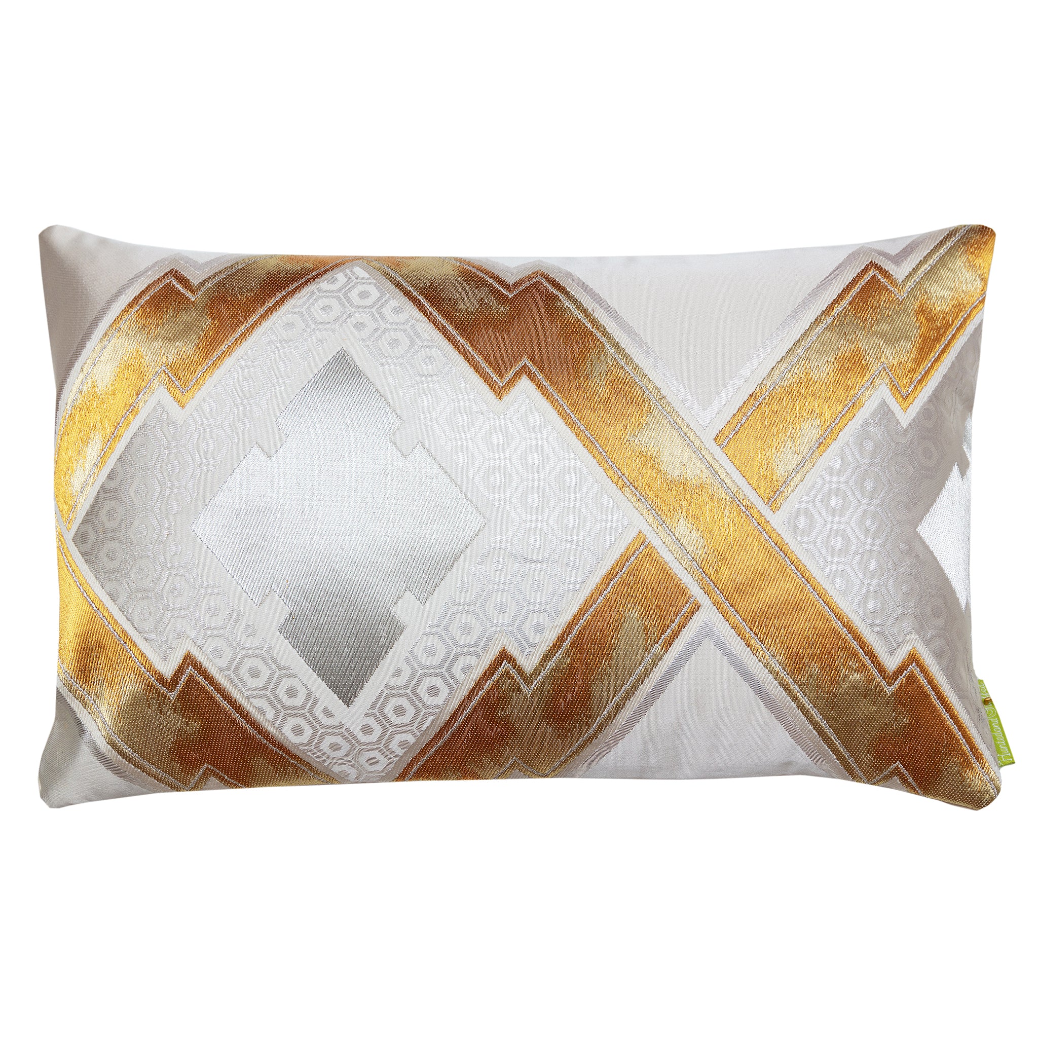 rectangular throw cushion made from vintage obi silk with geometric design in cream and gold