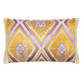 A rectangular cushion with a vintage obi design featuring a pine bark and hanabishi flower pattern in gold and purple colors, with cream velvet reverse and cream silk borders.
