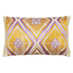 A rectangular cushion with a vintage obi design featuring a pine bark and hanabishi flower pattern in gold and purple colors, with cream velvet reverse and cream silk borders.