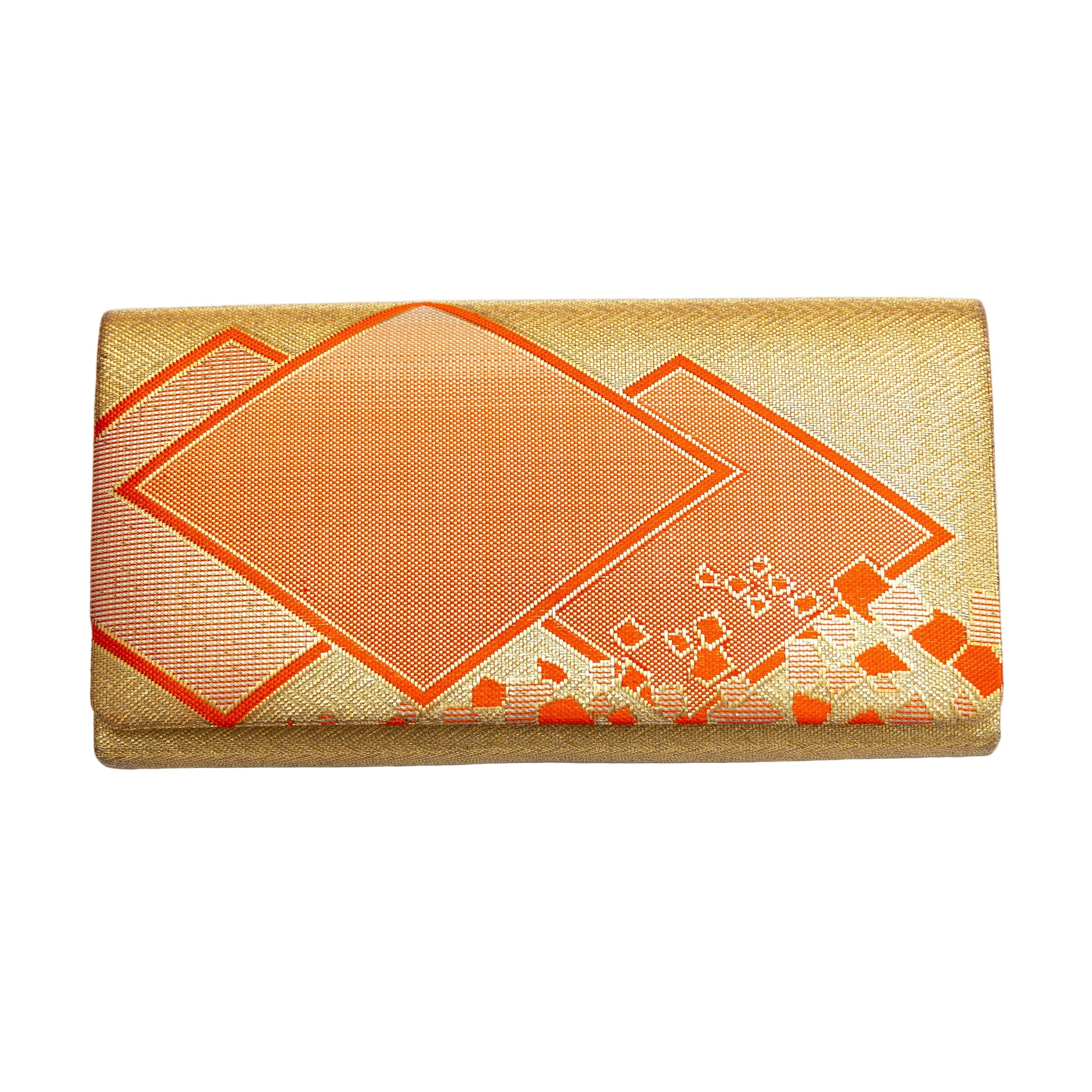 Vintage Japanese kimono silk clutch bag in gold and orange with geometric pattern 