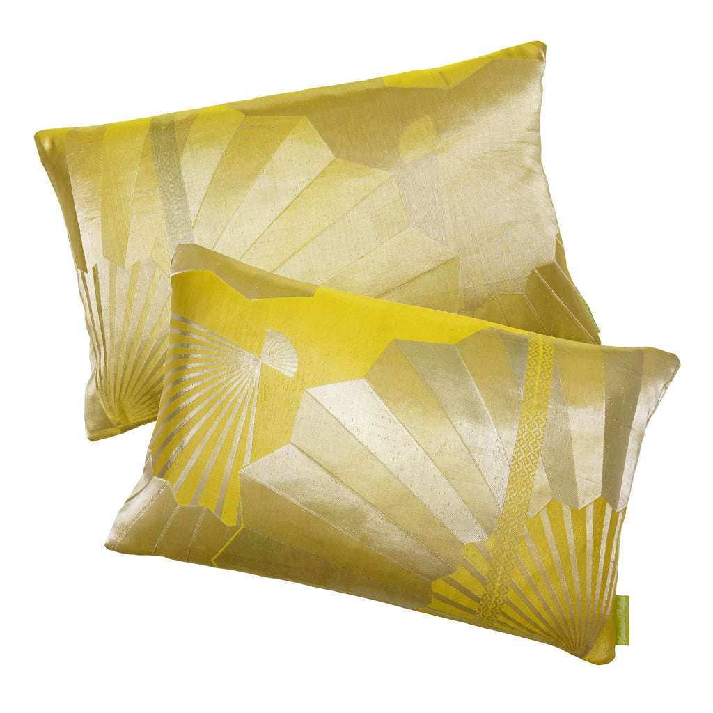 Vintage obi-inspired silk pillow pair featuring gold fans and kimono motif in chartreuse hues by Hunted and Stuffed
