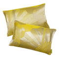 Vintage obi-inspired silk pillow pair featuring gold fans and kimono motif in chartreuse hues by Hunted and Stuffed