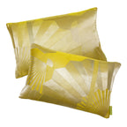 Vintage obi-inspired silk pillow pair featuring gold fans and kimono motif in chartreuse hues by Hunted and Stuffed