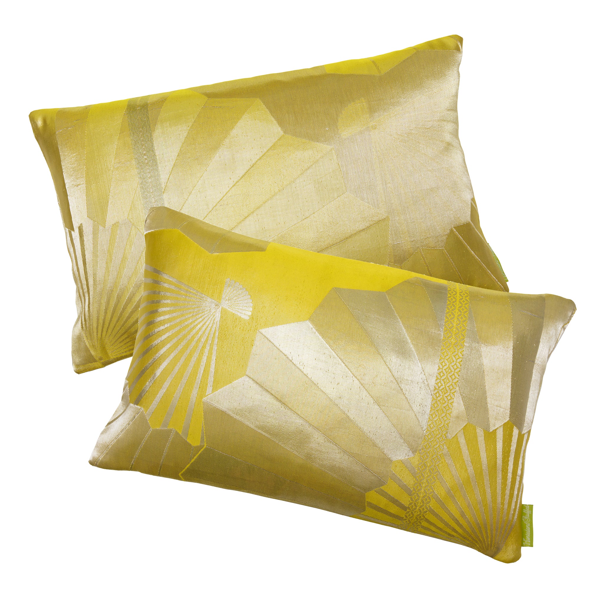 Vintage obi-inspired silk pillow pair featuring gold fans and kimono motif in chartreuse hues by Hunted and Stuffed