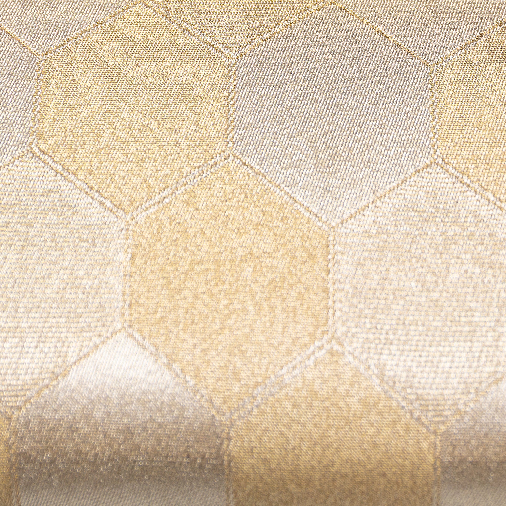 Close up of vintage Japanese silk clutch bag woven metallic gold hexagon silk surface pattern