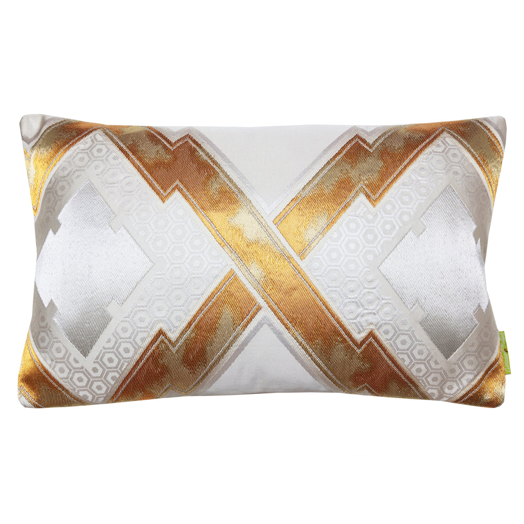 Cream Silk Cushion with Gold Embroidery, Upcycled Japanese Obi Pillow, Metallic Geometric design placed on a white background.