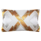 Cream Silk Cushion with Gold Embroidery, Upcycled Japanese Obi Pillow, Metallic Geometric design placed on a white background.