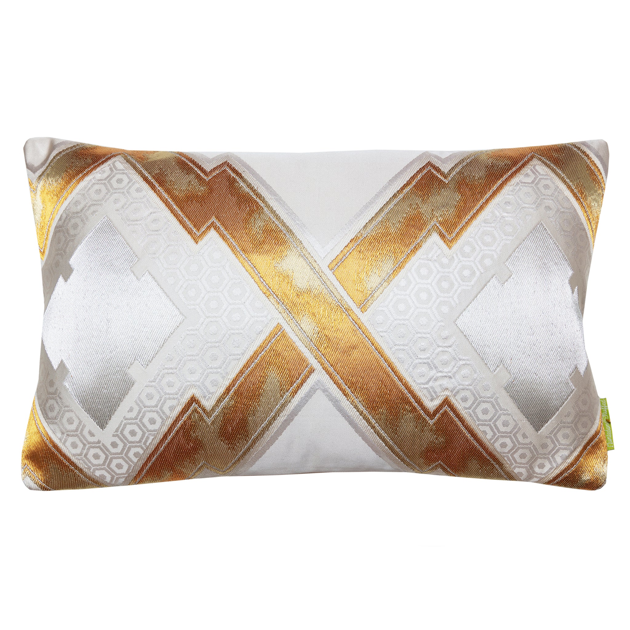 Cream Silk Cushion with Gold Embroidery, Upcycled Japanese Obi Pillow, Metallic Geometric design placed on a white background.