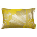 Close-up of gold embroidered fans and textured silk fabric showcasing intricate details and vibrant chartreuse hue.