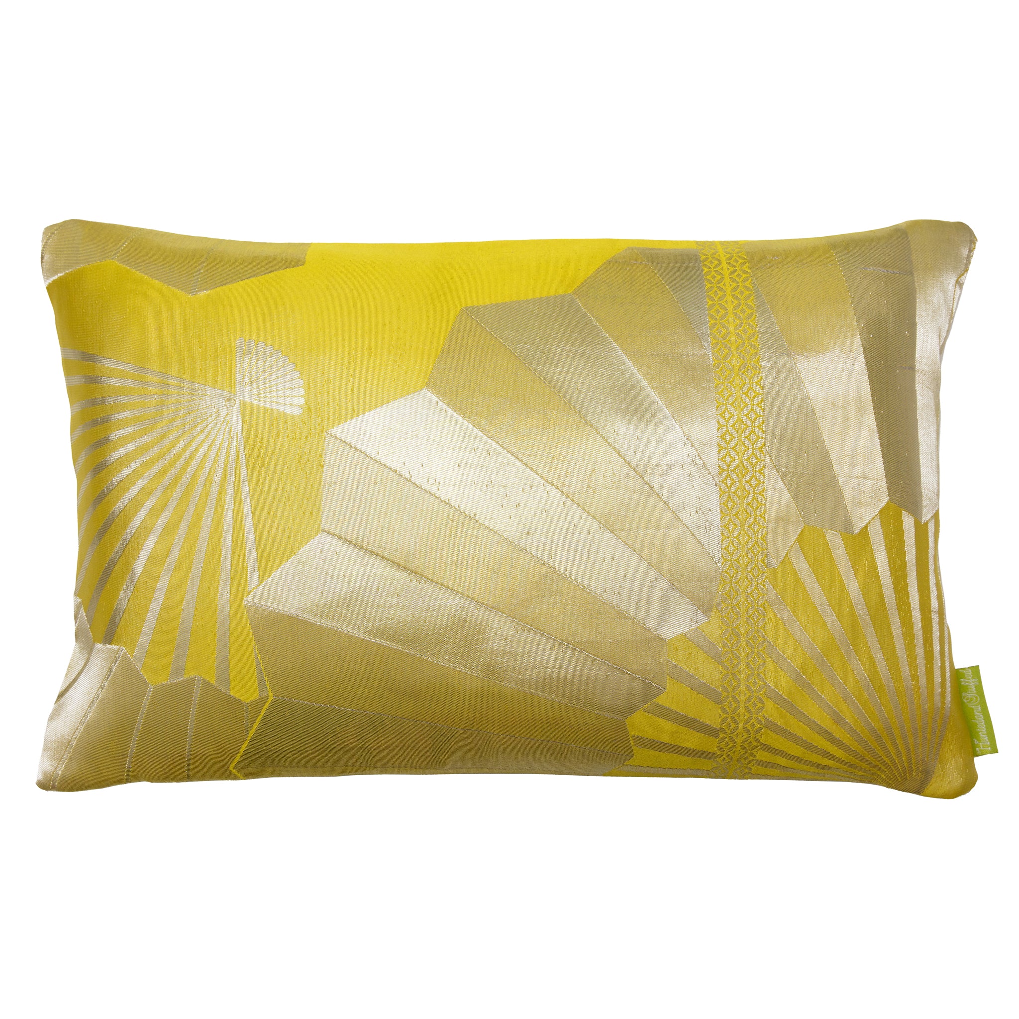 Close-up of gold embroidered fans and textured silk fabric showcasing intricate details and vibrant chartreuse hue.