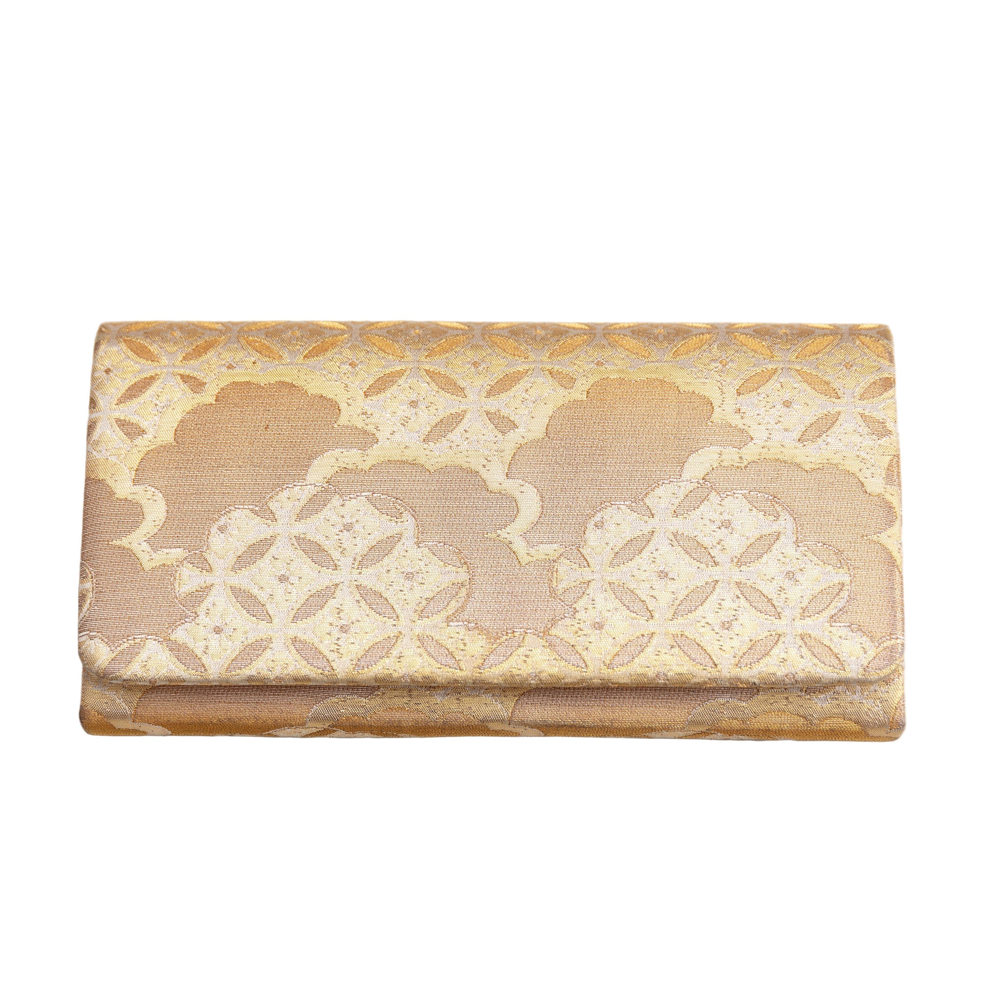 Vintage Japanese kimono silk clutch bag in gold silk brocade with clouds and shippo pattern design on a white background.