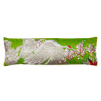long bolster cushion in vintage kimono silk with silver crane, pine and blossom embroidery over green brocade 