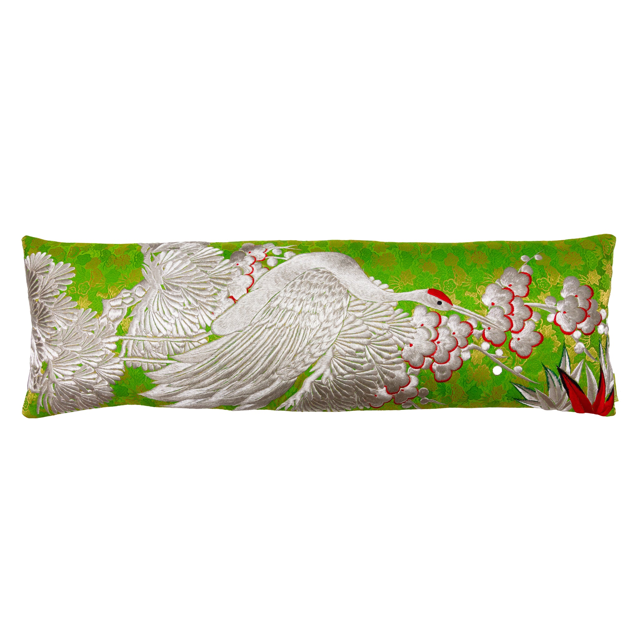 long bolster cushion in vintage kimono silk with silver crane, pine and blossom embroidery over green brocade 