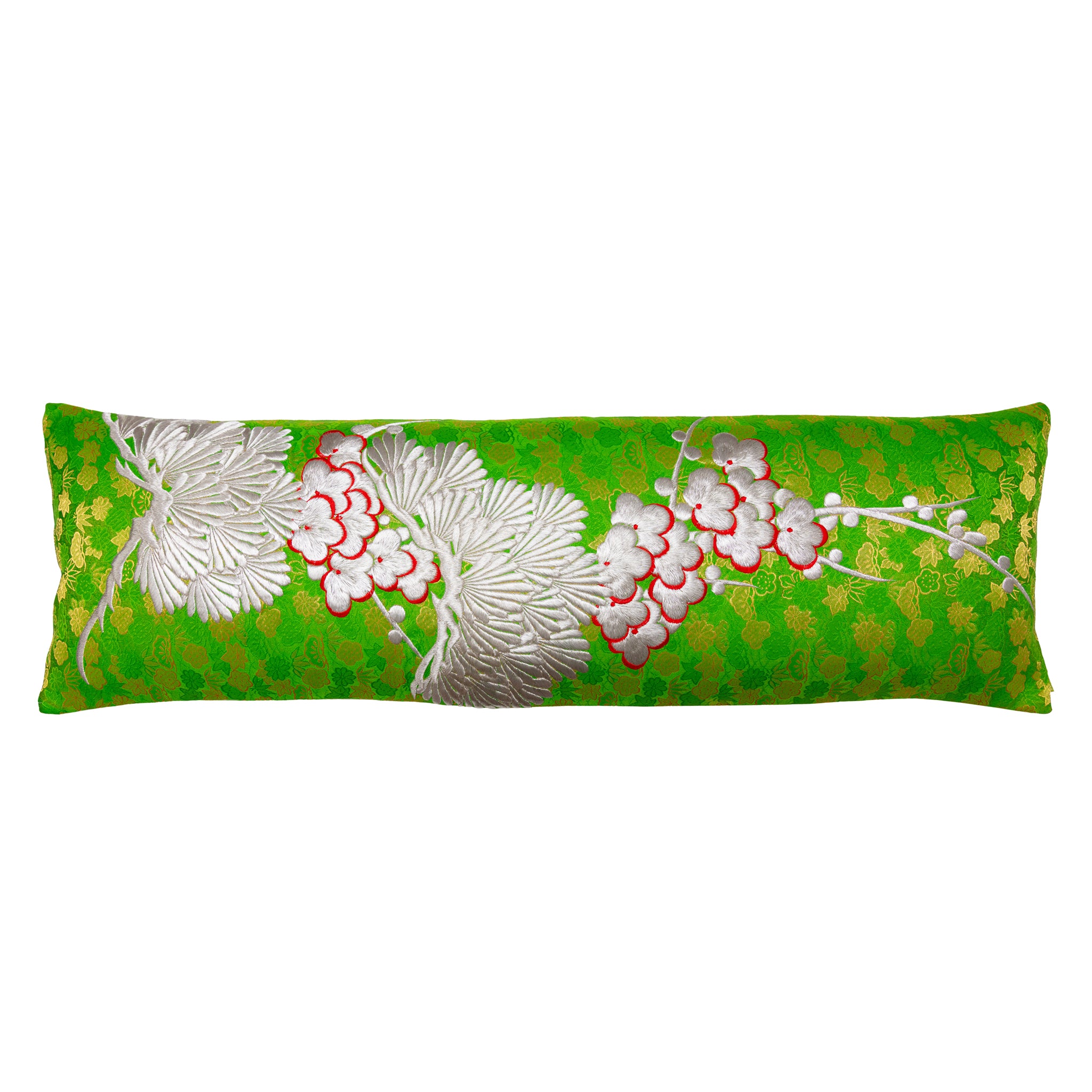 Green silk kimono bolster pillow with silver blossom embroidery and snowdrift satin back, Hunted and Stuffed Uchikake Bolster