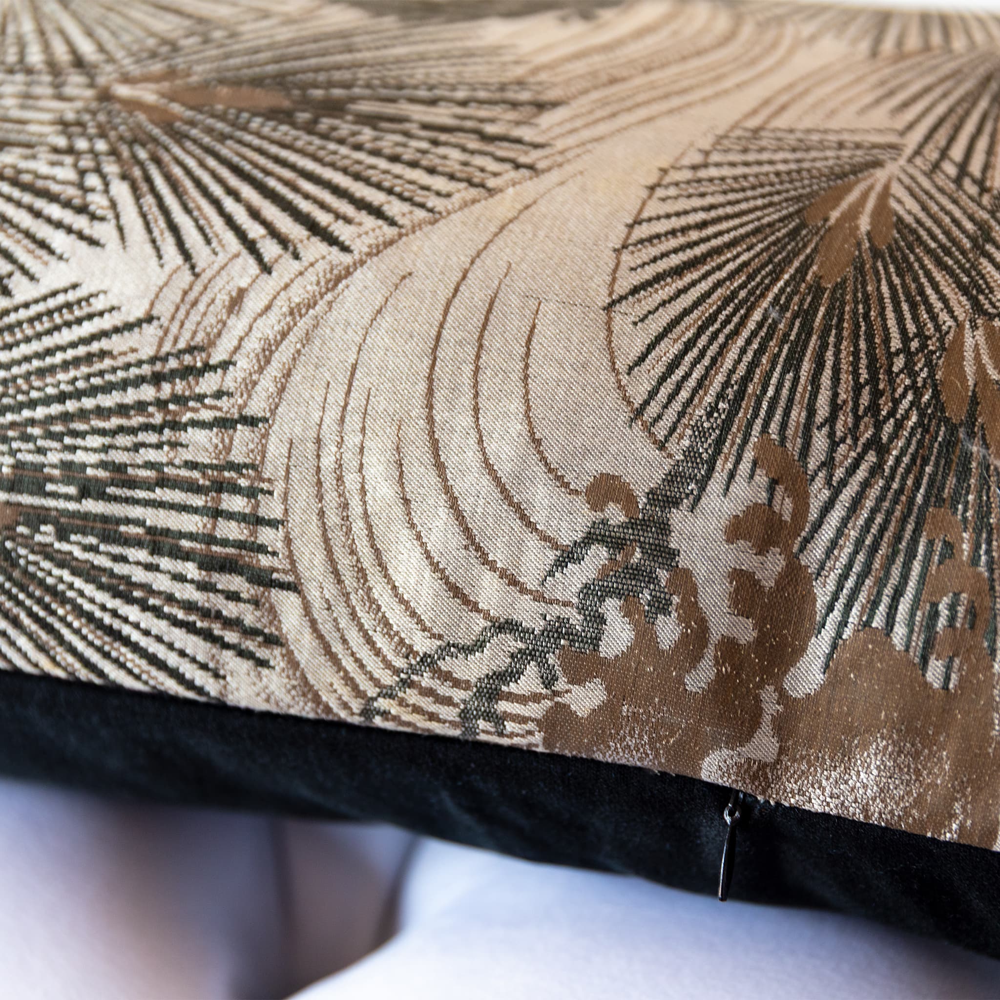 Grey silk bolster cushion showing edge detail where vintage grey Maru Obi meets black silk reverse