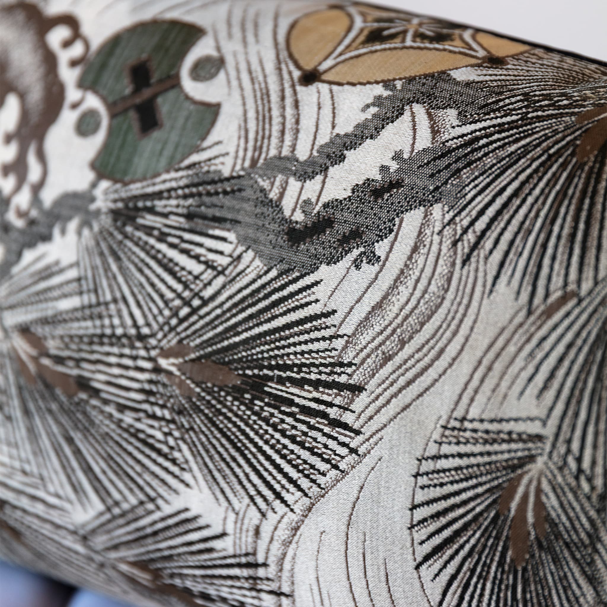 Silk weave detail of pine and wave pattern on grey vintage Maru Obi bolster cushion